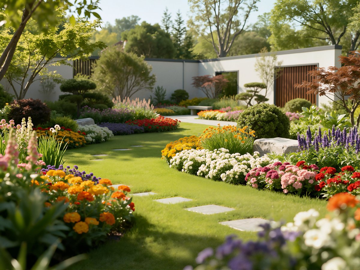Beautiful garden with stepping stones and flowering beds